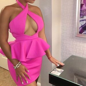 Hot Pink Halter Scuba Peplum Dress